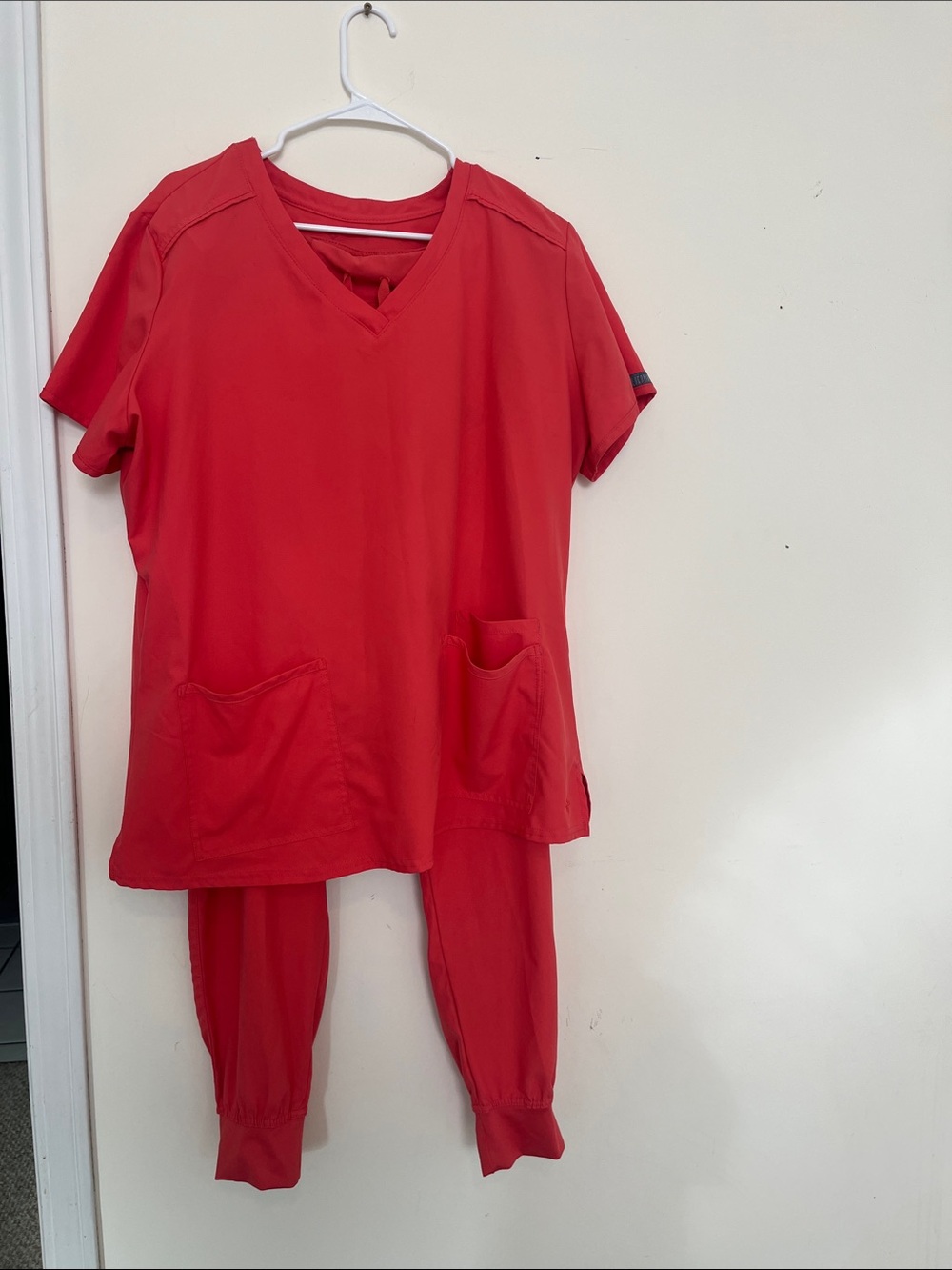 Coral V-Neck Scrub Top and Jogger Pant Set